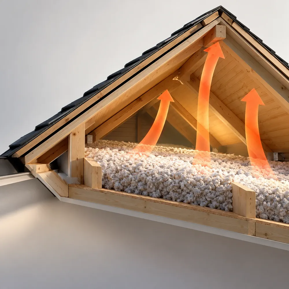3D-illustrasjon av varme som stiger opp gjennom loftet
