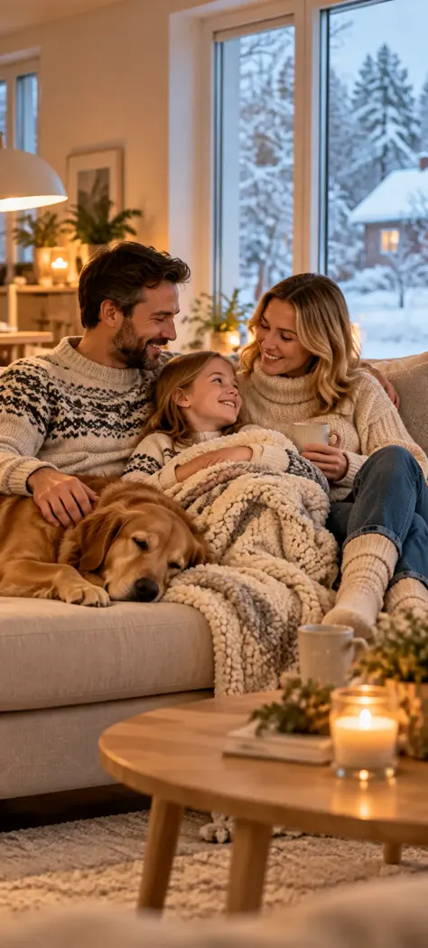 Familie i en varm stue om vinteren