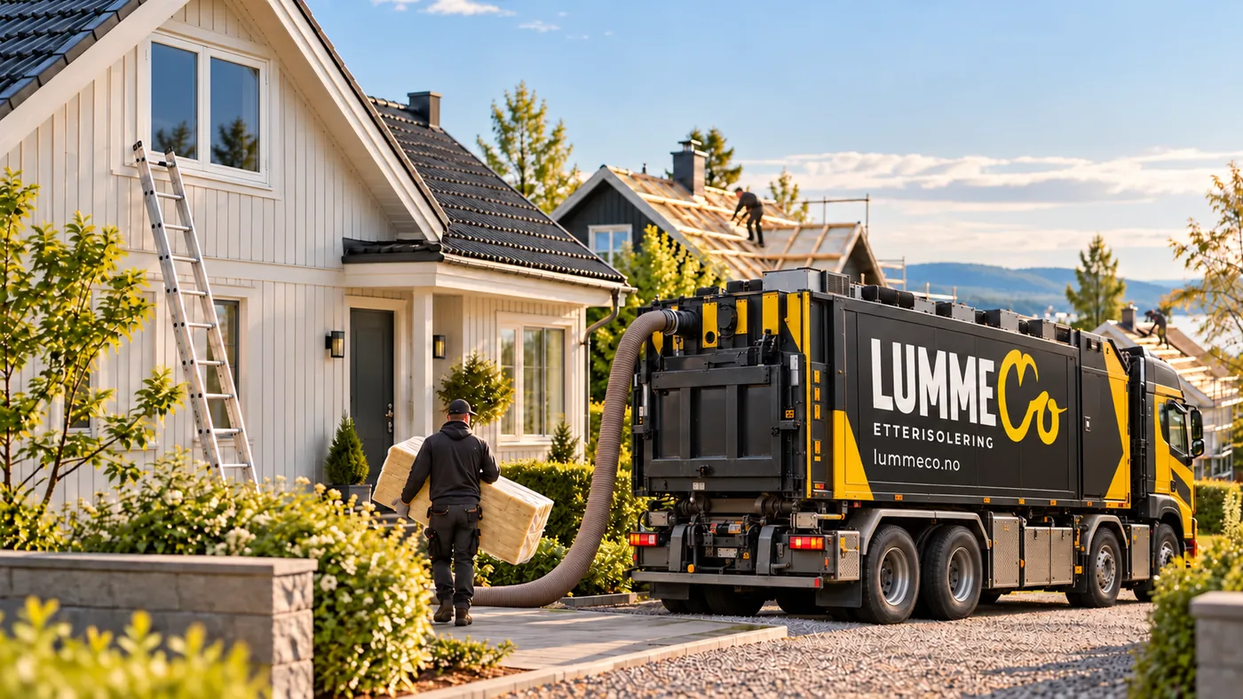 LummeCo-lastebil for etterisolering i et boligfelt, med slangen lagt inn til huset mens montører jobber på flere tak i nabolaget