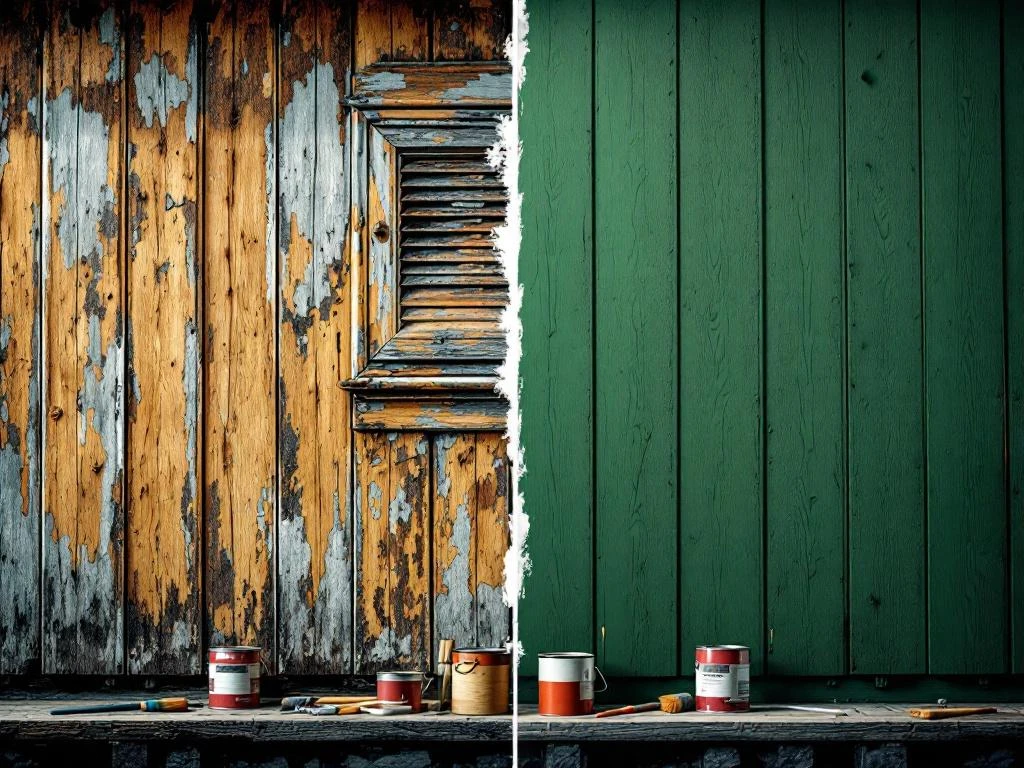 Trehus før og etter maling: slitt fasade til venstre, fersk grønn maling til høyre med maleutstyr i forgrunnen