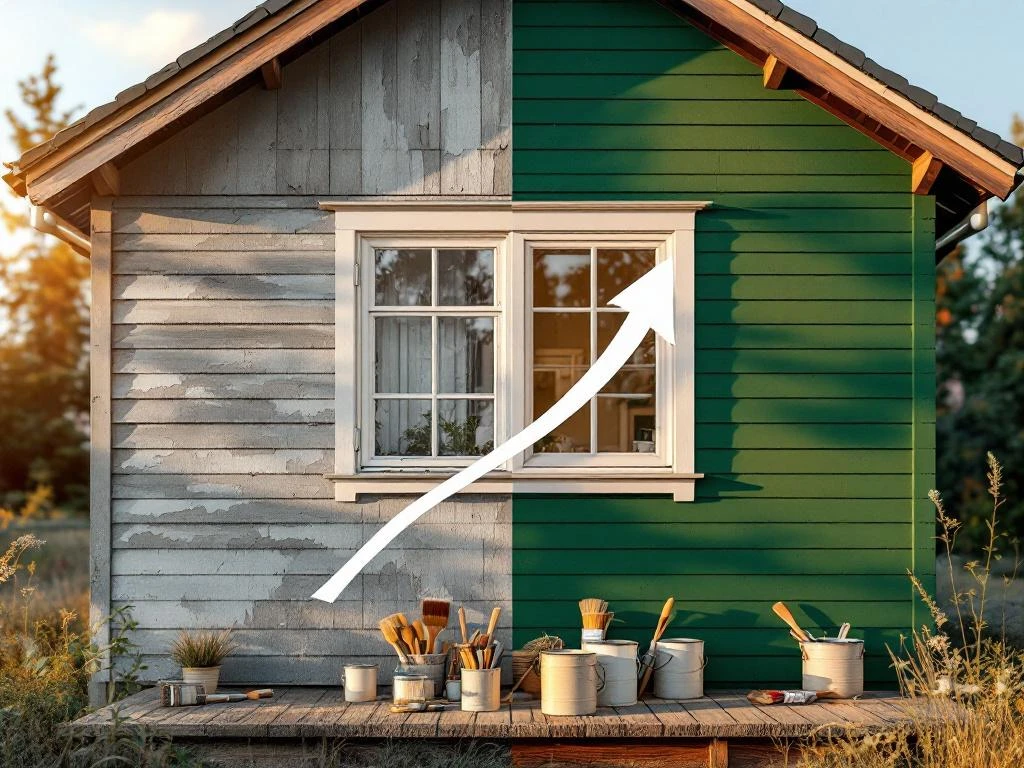 Husvegg før og etter maling: slitt grå panel til venstre, frisk mørkegrønn med hvit list til høyre, maleutstyr i forgrunnen