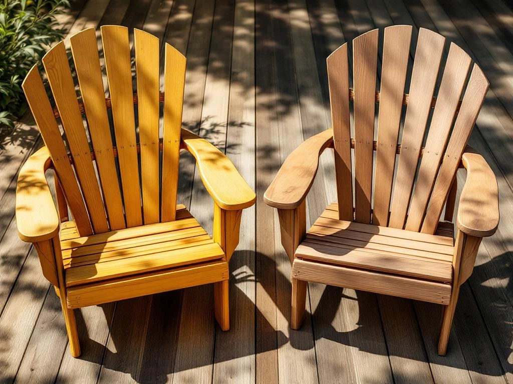 To hagestolar på solrik terrasse sammenligner linolje og terrasseolje finish med glass beholdere mellom dem
