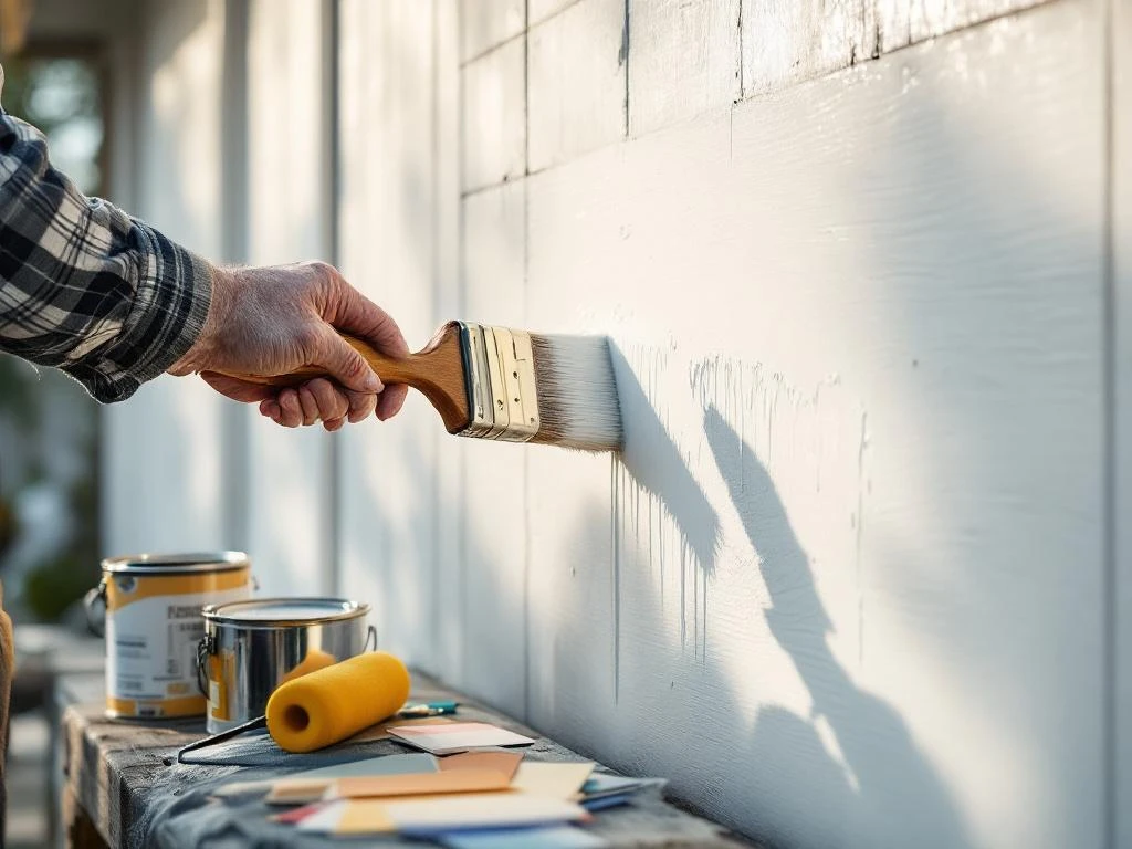 Profesjonell maler påfører hvit maling på trefasade med pensel, maleverktøy i nærheten, nordisk sollys