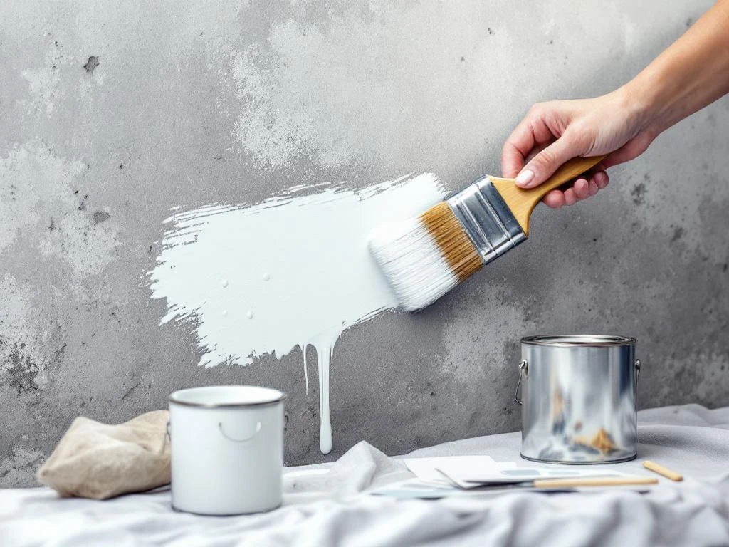 Maler påfører hvit maling på betongvegg med pensel, malerbøtte og verktøy i forgrunnen på presenning