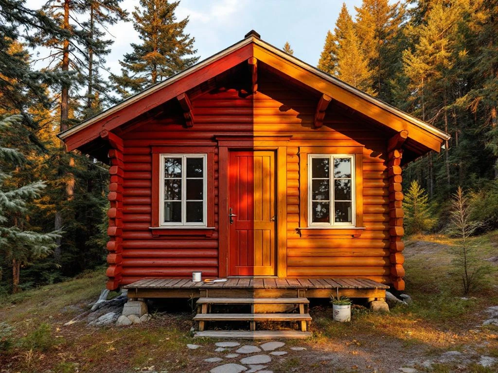 Norsk trehytte med halvparten malt i rød oker og halvparten umalt, omgitt av furutrær i gyllent lys med maleutstyr på trappen