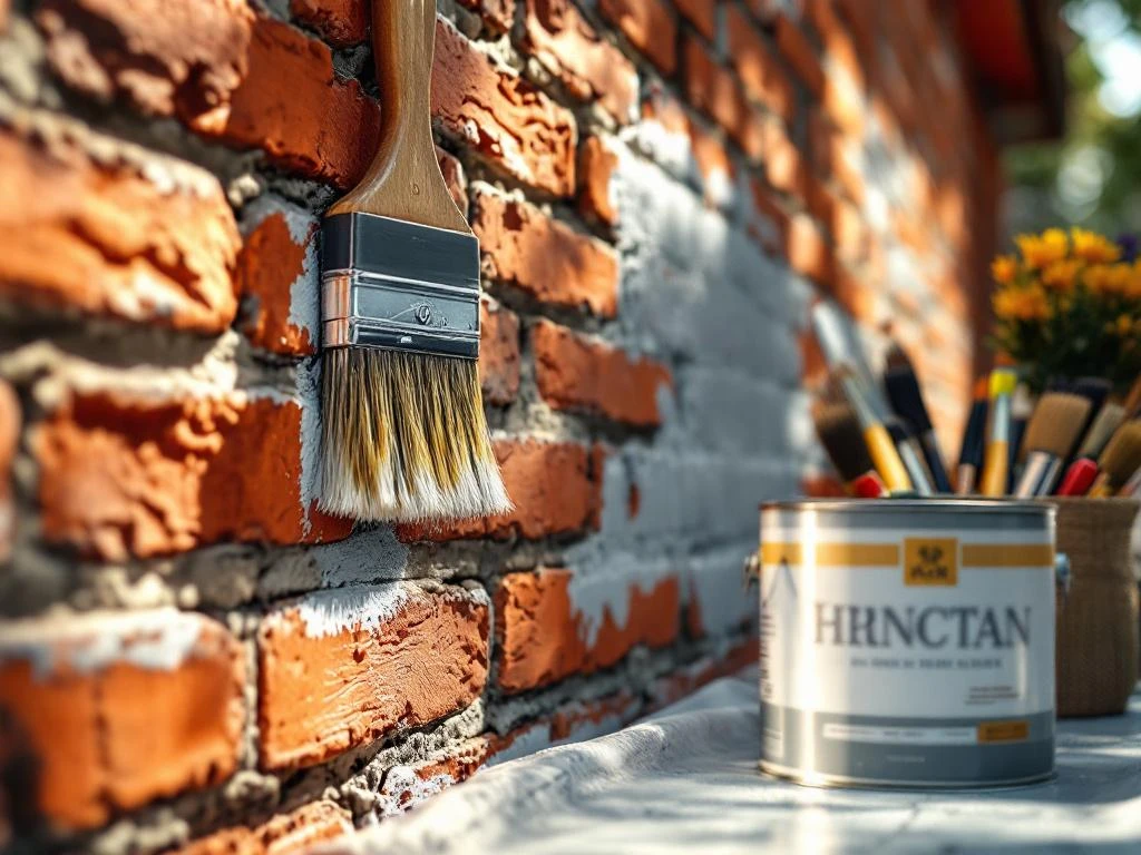 Profesjonell maling av murvegg med pensel, viser maling som påføres røde murstein med synlig tekstur og fuger