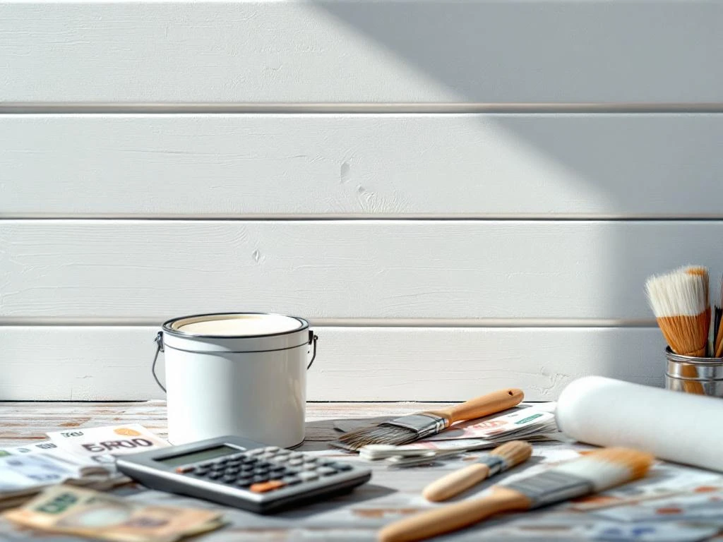 Hvit husmaling påføres med pensel, åpen malingsboks og kalkulator med norske kroner viser malekostnader