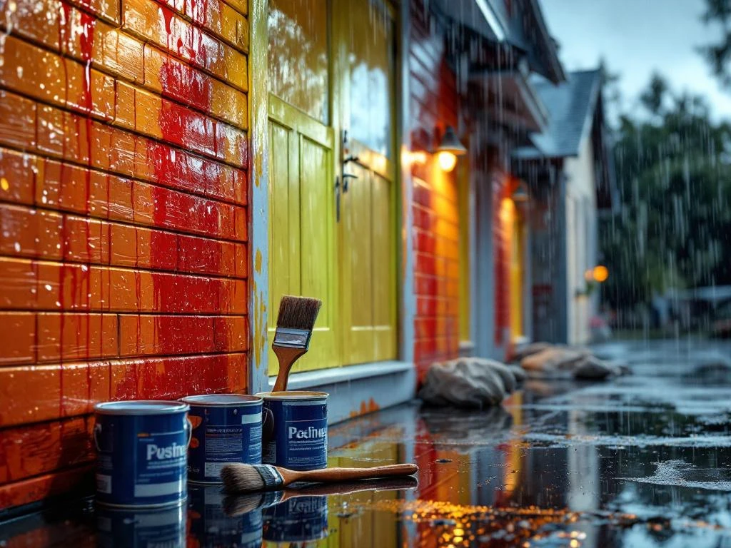 Hus med nymalte trevegger i regn, maleutstyr under presenning, vannpytter reflekterer fasaden