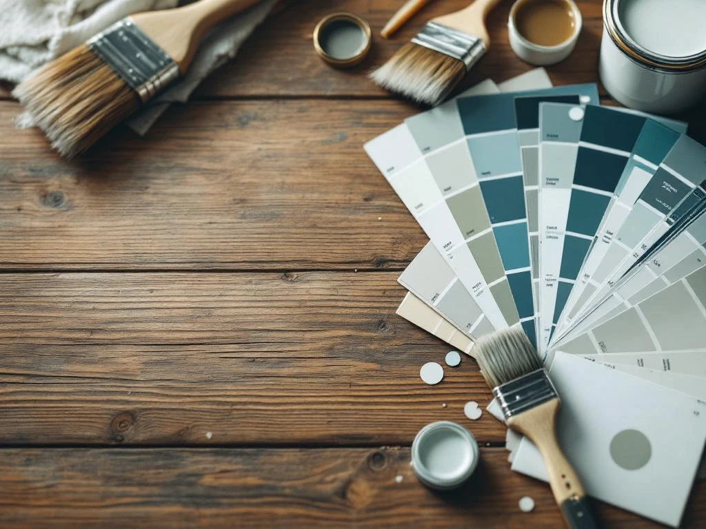 Fargeprøver og penselsamling på trebord med utendørsmaling i blå, grønn, grå og hvite nyanser for fargevalg