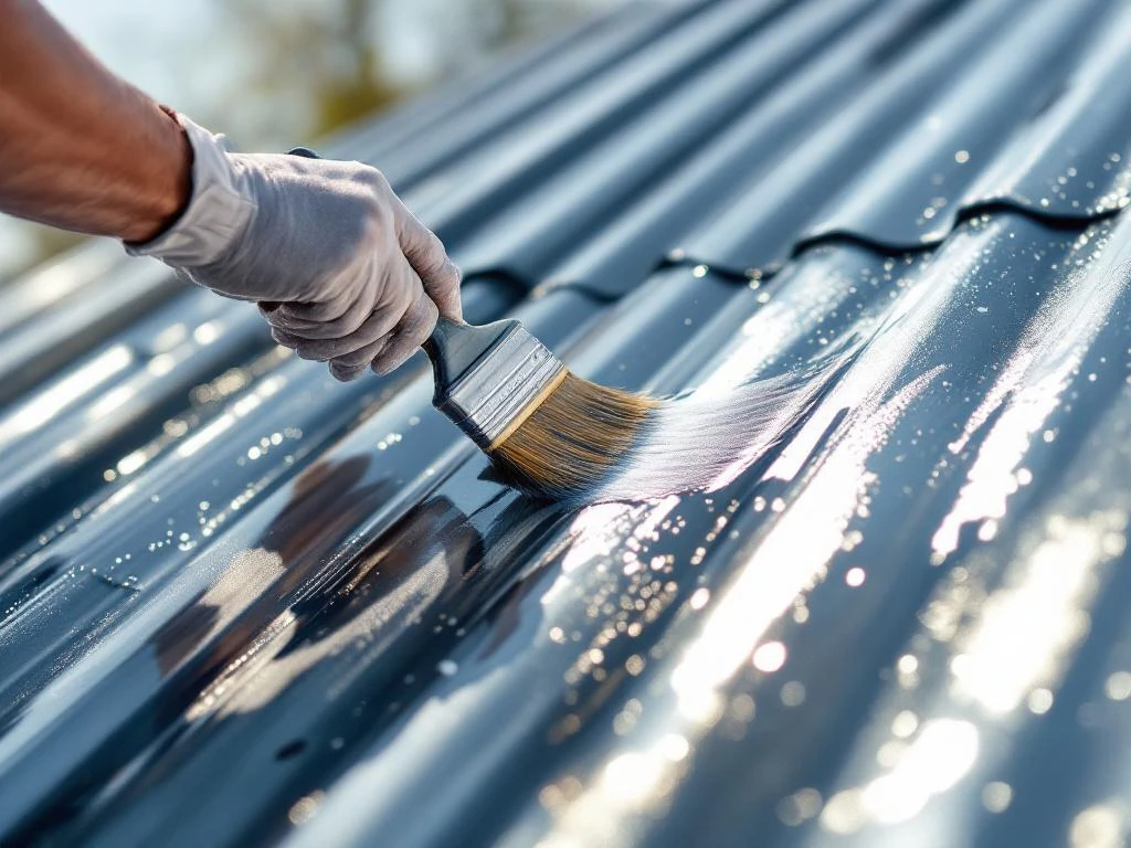 Håndverker påfører sølvmaling på bølgeblikk tak med pensel, viser transformasjon fra grått til blank overflate