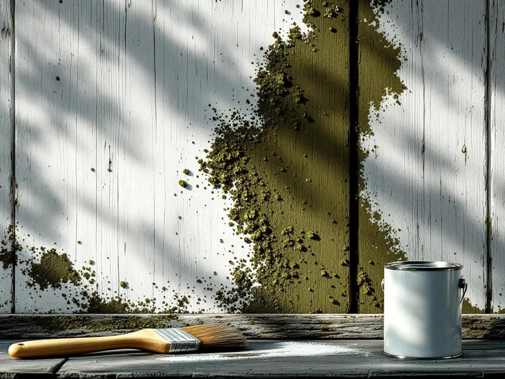 Treveggen med mold og fersk hvit maling, maleverktøy klare for restaurering i morgenlys