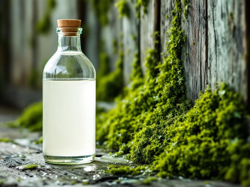 Hvit eddik på flaske brukes til å fjerne grønn mose fra trevegger, naturlig og miljøvennlig rengjøringsmetode