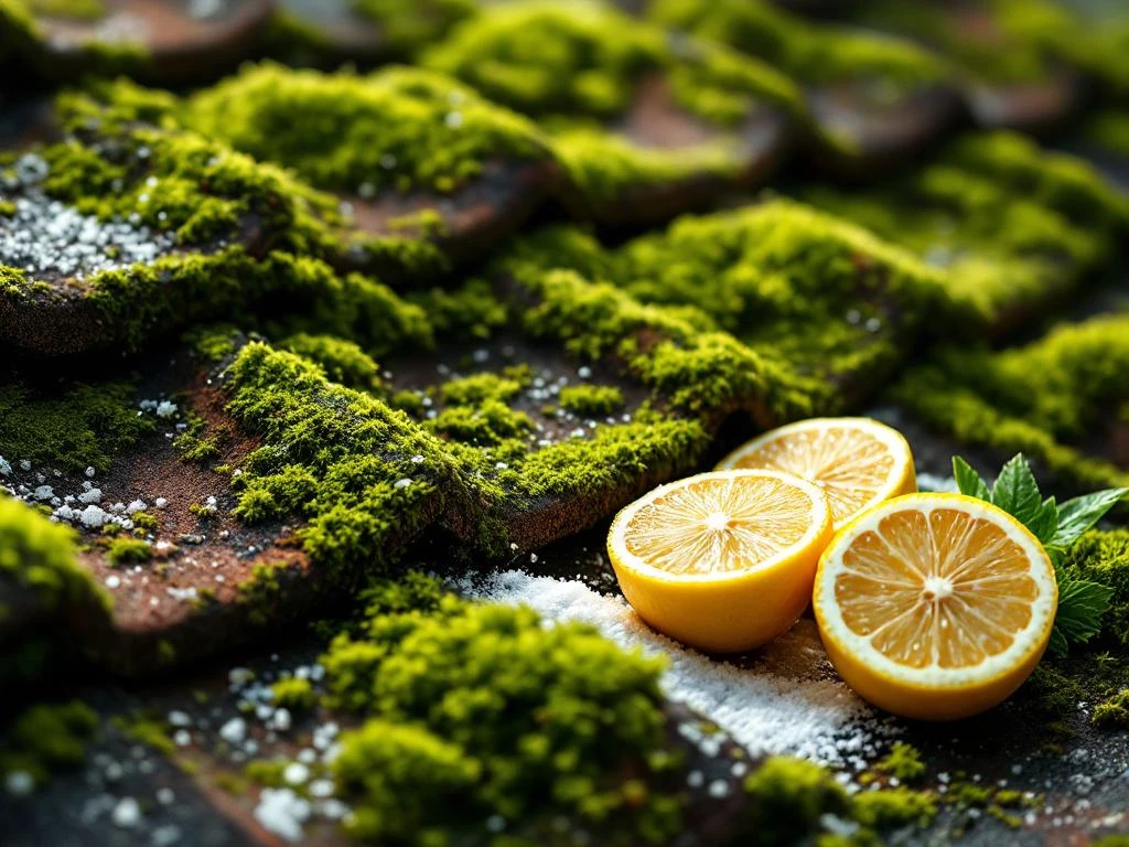 Grønn mose på taktekker med naturlige rengjøringsmidler: salt, natron og sitronhalver i forgrunnen