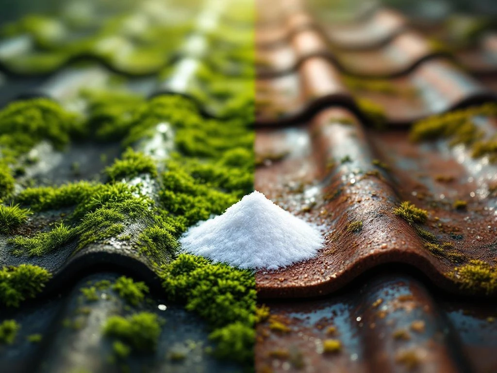 Taktakstein før og etter mossfjerning med natron - mosete fliser til venstre, rene fliser til høyre, hvite natronkrystaller i midten