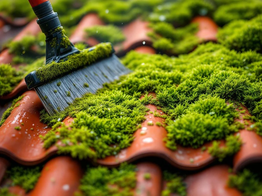 Profesjonell mosefjerningstjeneste på røde takstein, viser før og etter med spesialverktøy og vannperler
