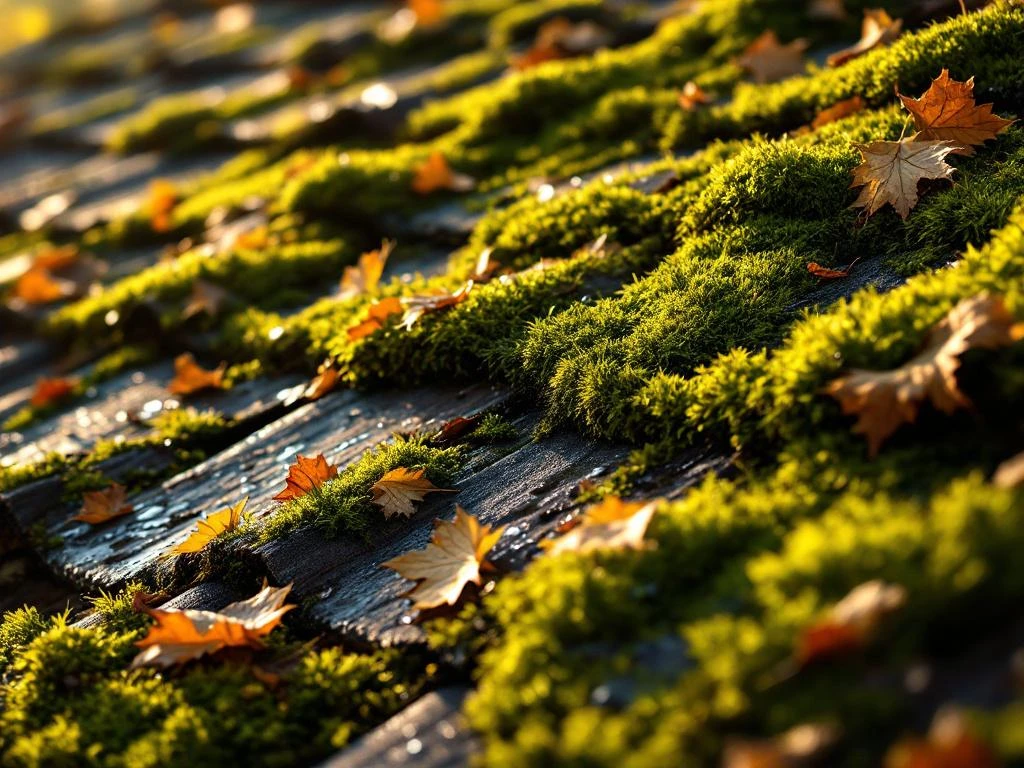 Taktegles dekket av tykk, mørk grønn mose med høstløv og vanndråper som viser skader på taket