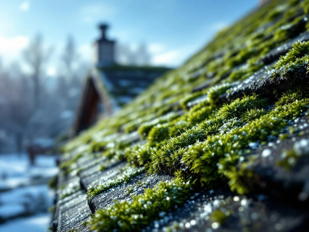 Tykk grønn mose på mørke takstein med rimkrystaller, norsk hus mot blå vinterhimmel, vedlikeholdsverktøy synlig