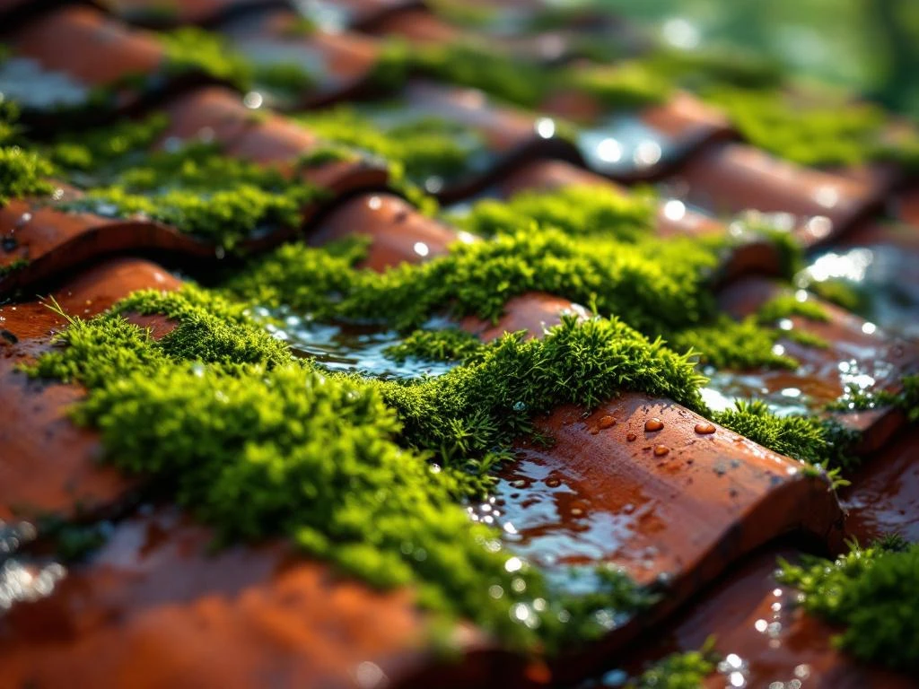 Fuktskadde takstein med tykke moseflekker og vannperling som viser fuktproblemer og behov for takreparasjon