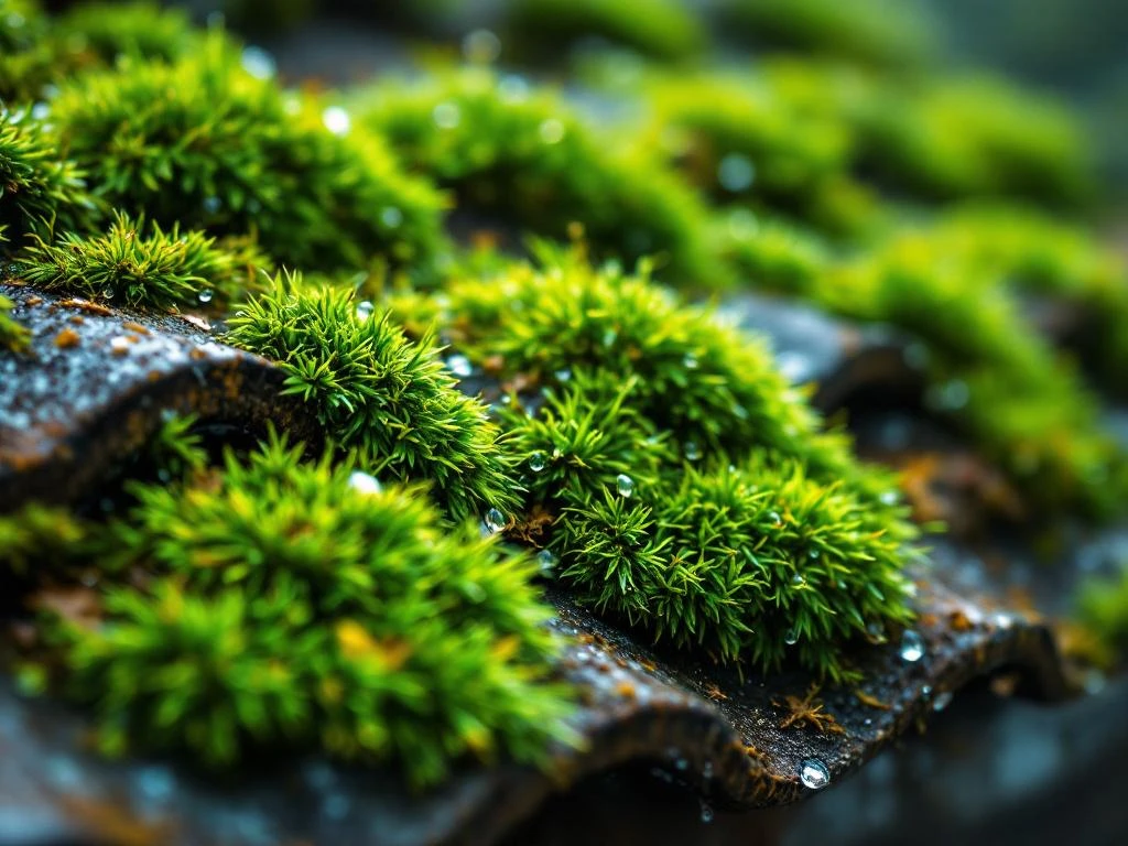 Grønn mose med vanndråper på mørke takstein, detaljert nærbilde som viser kontrast mellom fuktig tak og frodig mosvekst