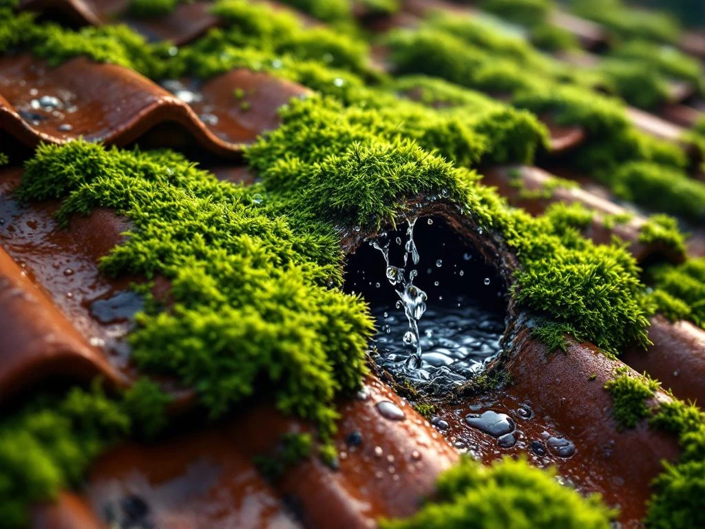 Leirtegl tak med tykk mose som skaper skader og potensielle lekkasjer mellom taksteinene