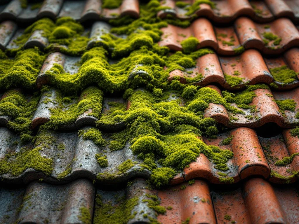 Takstein med mose-skader ved siden av rene fliser viser kontrasten mellom vedlikeholdt og deteriorert tak