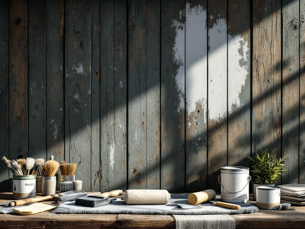 Norsk trehus under maling med avskrapte vegger, maleverktøy og primer synlig i naturlig lys