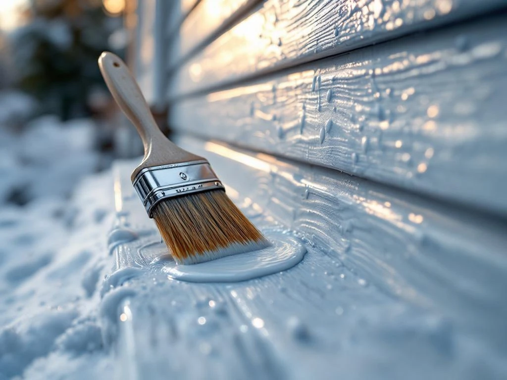 Hvit malt norsk trehus med pensel og malingsbøtter i forgrunnen, viser utvendig vedlikehold og håndverk