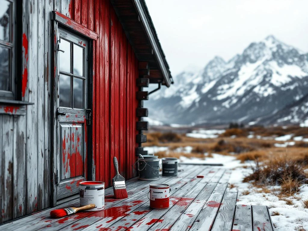 Tradisjonell norsk trehytte males rød, halvferdig arbeid med pensel og maleutstyr på terrasse, fjell i bakgrunn