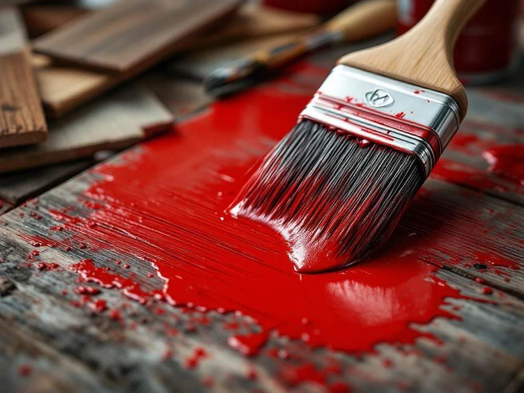 Pensel med rød maling påføres treverk, med malingsbokser og verktøy på rustikt trebord