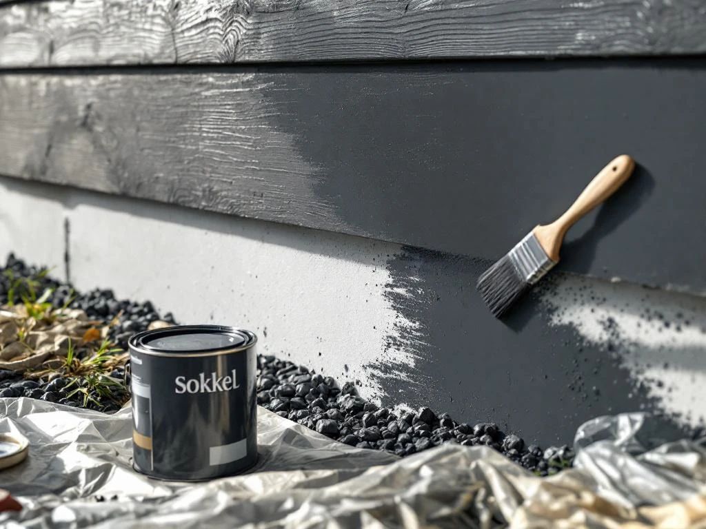 Profesjonell maling av husgrunnmur med mørk grå sokkelmaling, pensel påfører jevne strøk på betongvegg