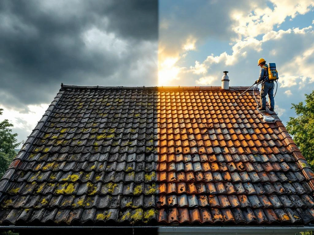 Norsk tak før og etter vedlikehold: slitt mose-dekket takstein til venstre, nybehandlet blank takstein til høyre