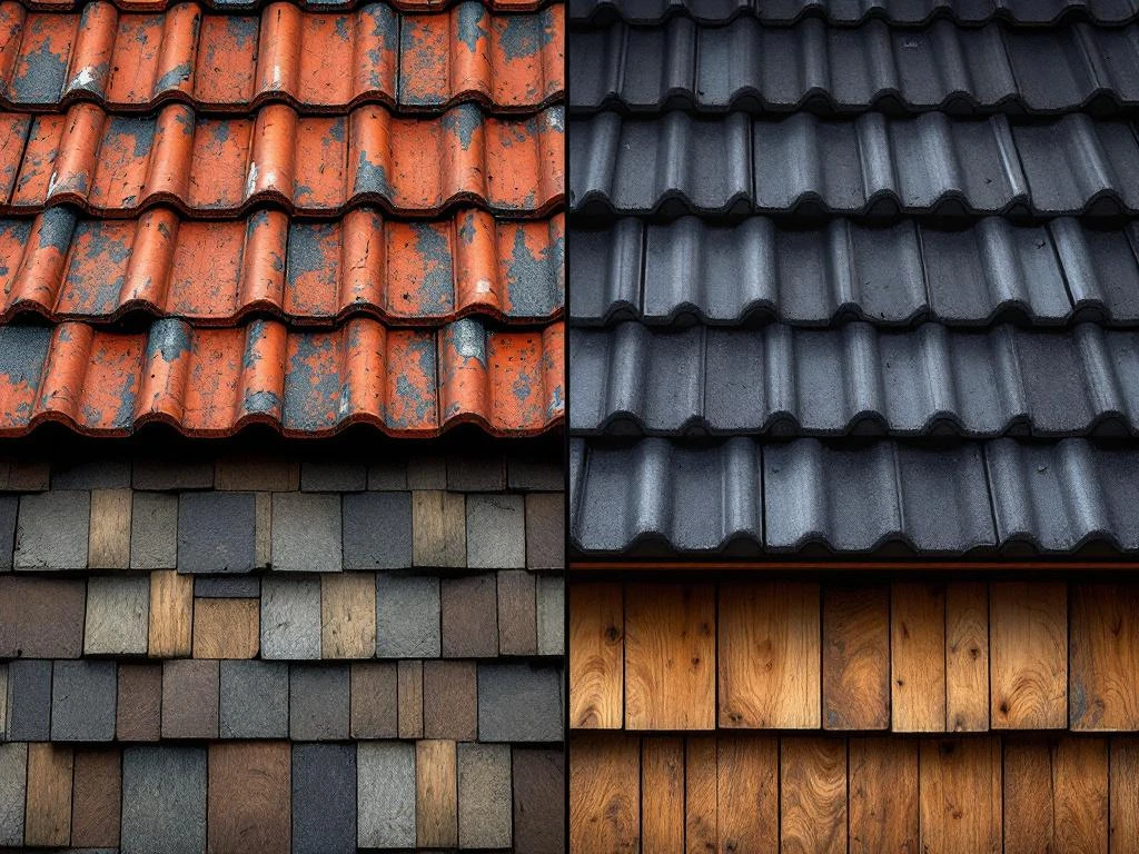 Takteglmaterialer i delt skjerm: røde teglstein, mørkt metall, skifer og tre med nordisk belysning og teksturdetaljer