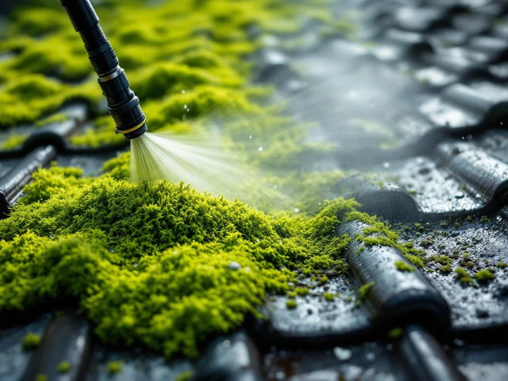 Mosefjernet takstein med høytrykkspyler og rengjøringsutstyr som viser før og etter transformasjon av nordisk tak