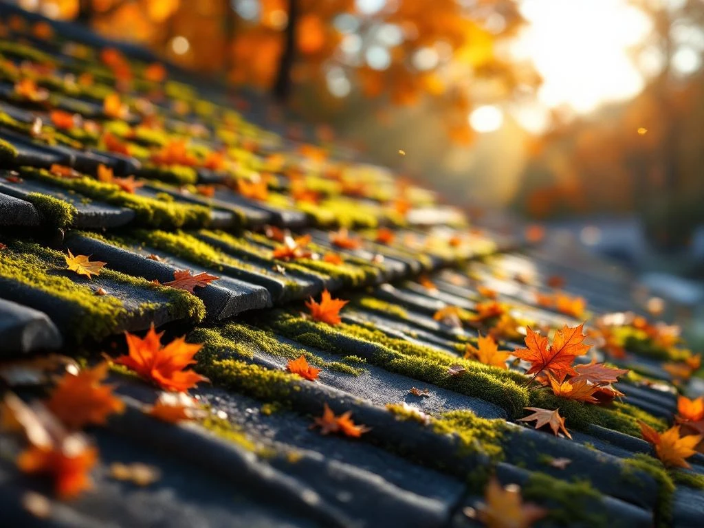 Mose-dekket takstein i skarp fokus med profesjonelt rengjøringsutstyr i forgrunnen og gyllen høstløv i bakgrunnen.