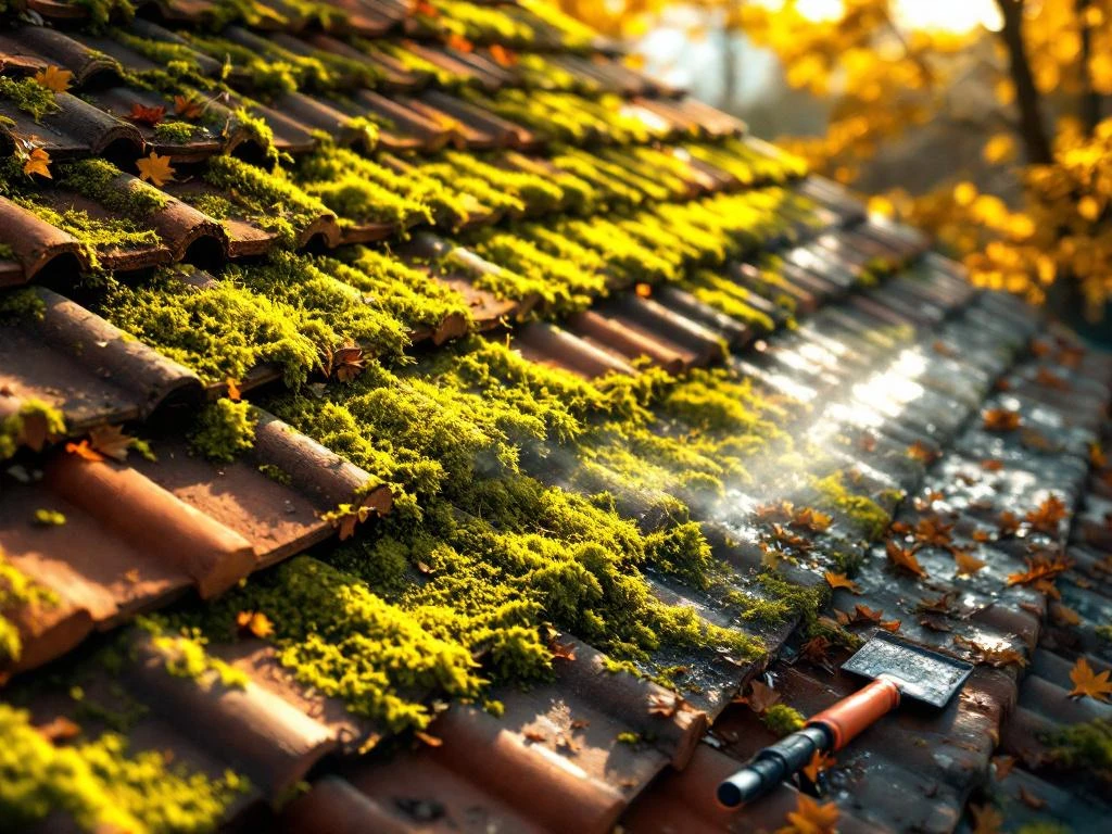 Mose på takstein med høytrykkspyler og rengjøringsutstyr i forgrunnen, viser før og etter takrens i høstlys
