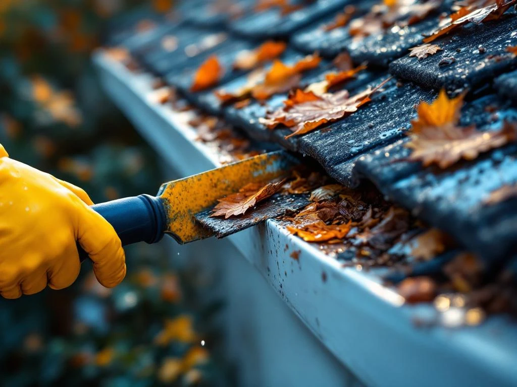 Hender i gule gummihansker renser hvit takrenne for høstløv og skitt, med vannperler på metalloverflaten