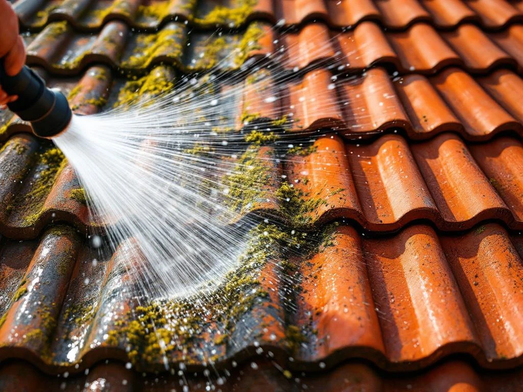 Røde takstein blir rengjort med høytrykksspyler, viser kontrast mellom mose-dekket og rene fliser i sollys.