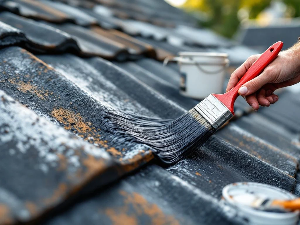 Profesjonell maling av takstein med pensel, transformasjon fra grå til mørk belegg, malingsverktøy i forgrunnen