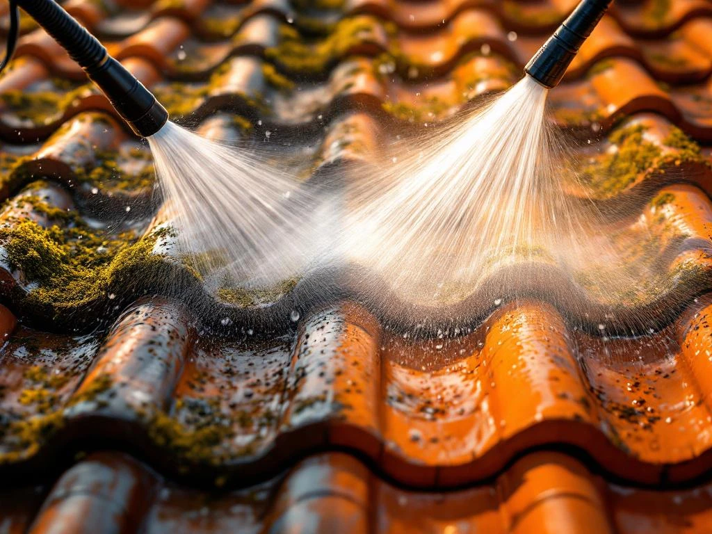 Taktegl blir rengjort med høytrykksspyler, viser kontrast mellom skitne mose-dekket fliser og rene rød-oransje fliser