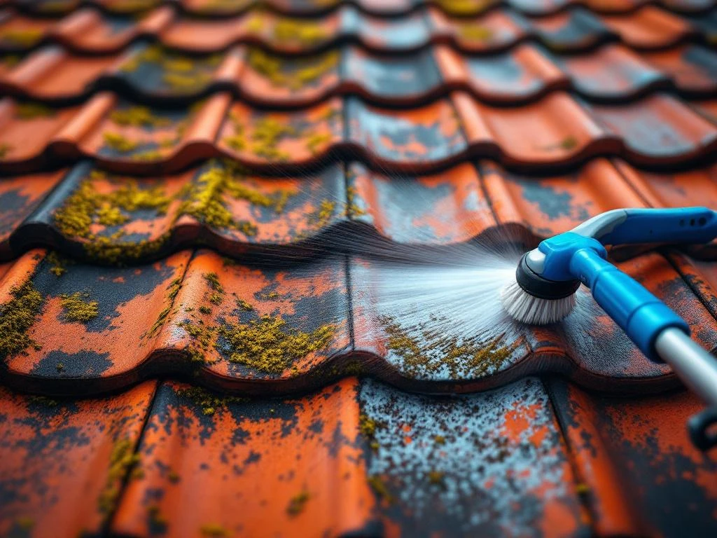 Røde takstein med mose før og etter rengjøring med profesjonelt utstyr og høytrykkspray