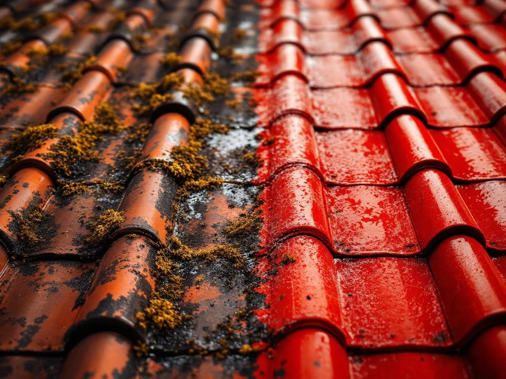 Røde takstein før og etter profesjonell rengjøring og belegg, med synlig mose på gamle fliser og blank finish på nye