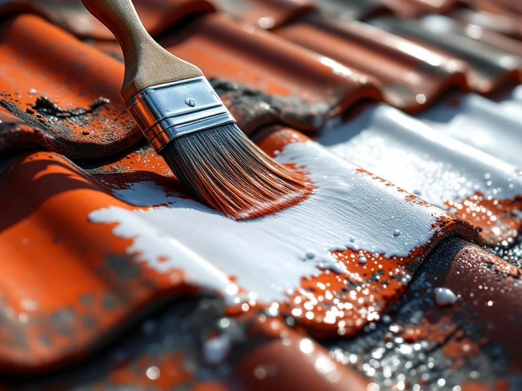 Profesjonell pensel påfører beskyttende belegg på røde takstein, som viser før-og-etter transformasjon av takrestaurering