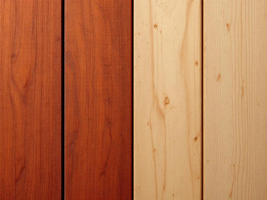 Sammenligning av to treverk: mørk rødlig-brun beis til venstre og lys gyllen-beige beis til høyre på tømmer