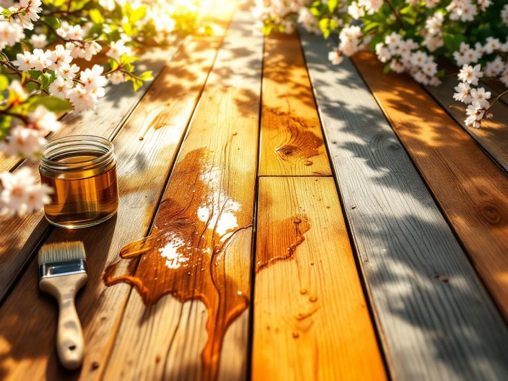 Trebord med behandlet og ubehandlet tre, pensel og treoljebeholder i vårsol med blomstrende vegetation