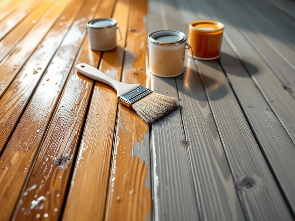 Tredekk behandles med halvparten olje-finish og halvparten maling, med pensel og behandlingsprodukter synlige
