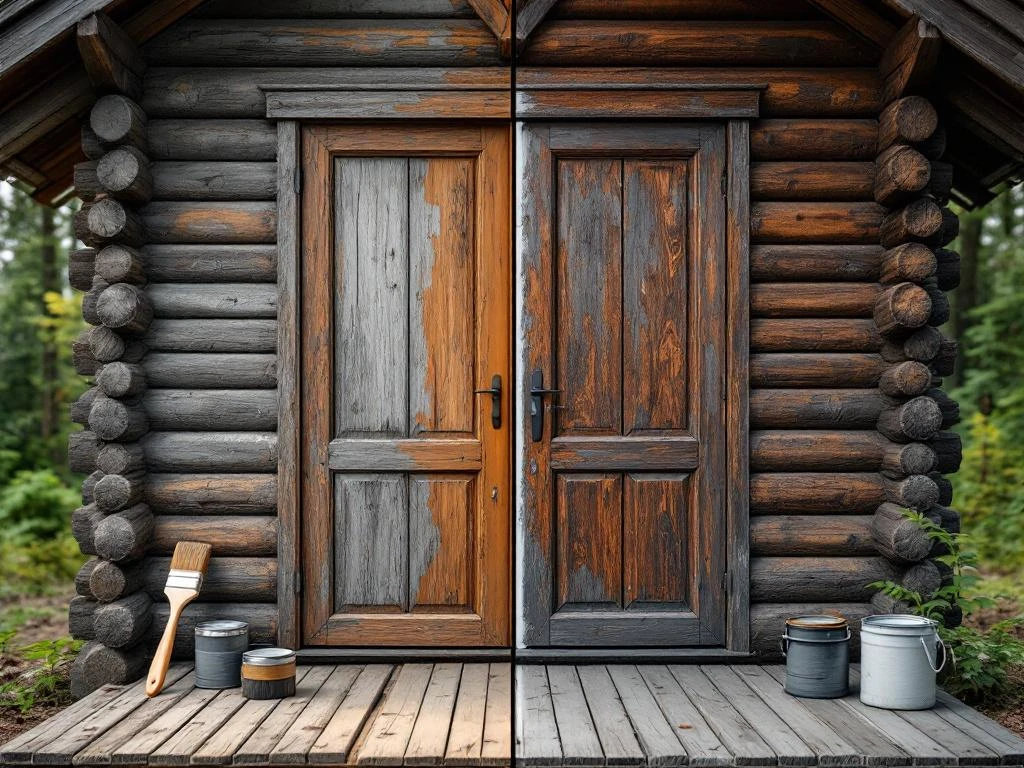 Tømmerhytte før og etter vedlikehold - grå forvitret treverk til venstre, nymalt brun finish til høyre med pensler