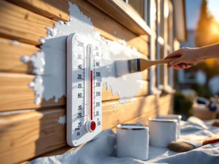 Profesjonell maling av hvit trehus med pensel, termometer viser ideell temperatur for utendørs malingsarbeid