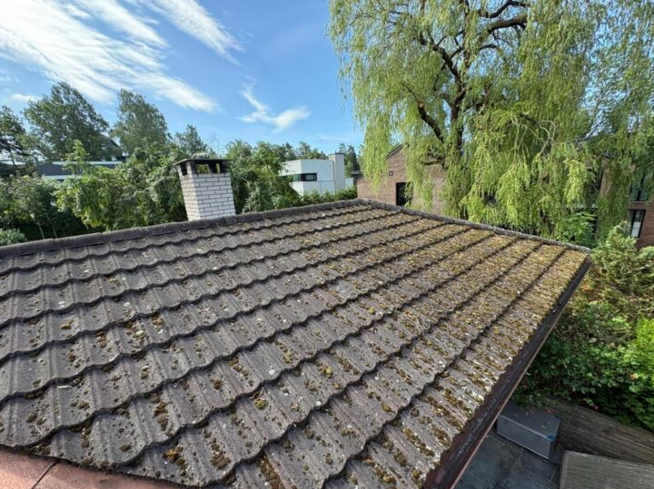 viser et grått hustak med betongtakstein, der mose og lav vokser synlig utover overflaten.