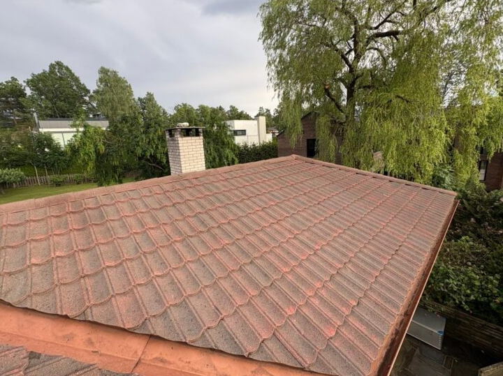 ser ut til å vise et værslitt tak med takstein eller takplater av presset metall (som minner om tak av presset stål eller Decramastic-typen), med noe falming og overflateslitasje.