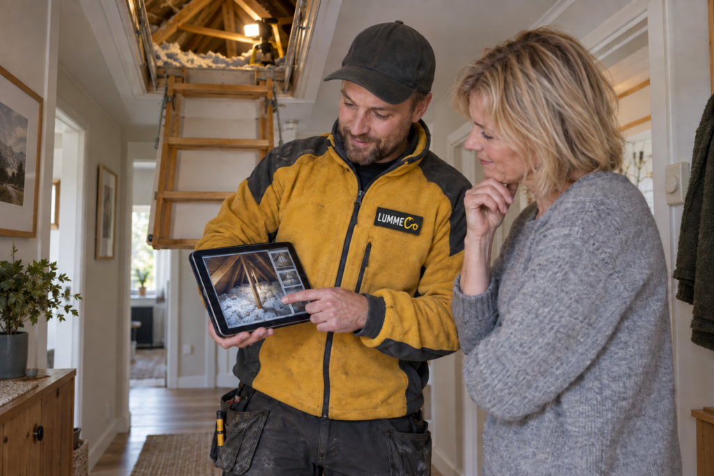Arbeider i gul og svart jakke viser et bilde fra loftsinspeksjonen på et nettbrett til en huseier i grå genser.